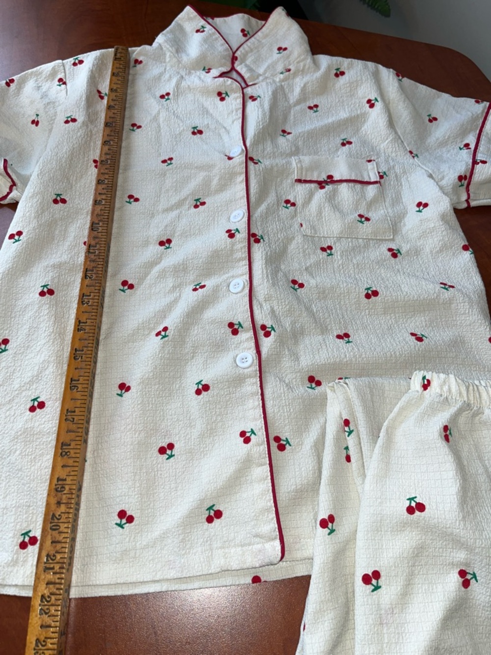 🍒 Cherry Print Pajama Set Red Piping Short Sleeve Button Top Drawstring Pants - Picture 9 of 11
